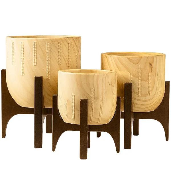 Kit 3 Vasos Linha Genebra com Suporte de Madeira Baixo