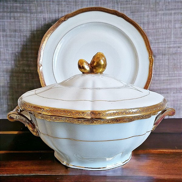 Sopeira com presentoir em porcelana branca e dourada limoges