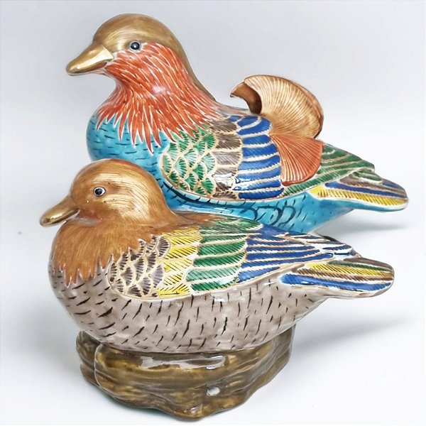 Casal de patos em porcelana esmaltada  Kutani Mandarim