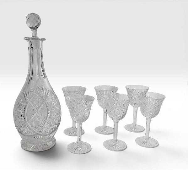 Garrafa c/ 6 taças em cristal da Boêmia