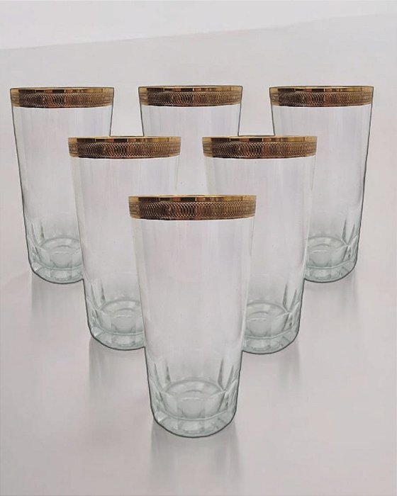 Cj c/ 6 copos longo em cristal italiano com friso dourado