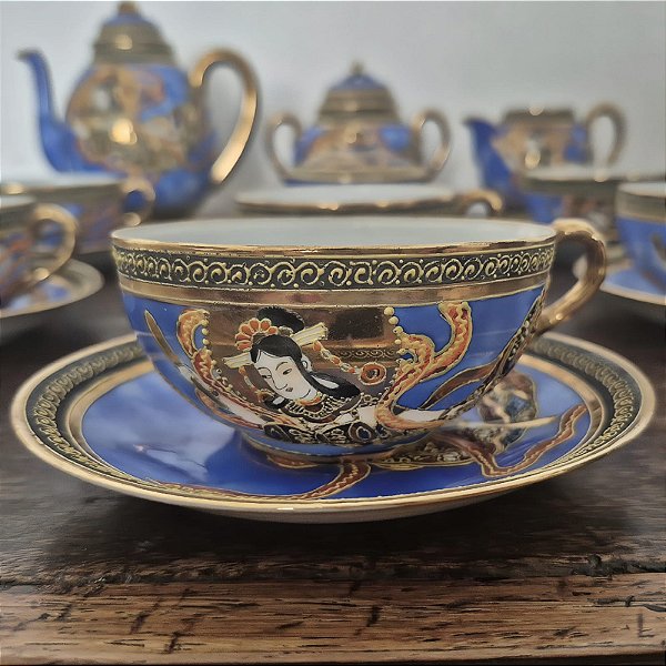 Conjunto de chá porcelana Kutani azul com 16 peças