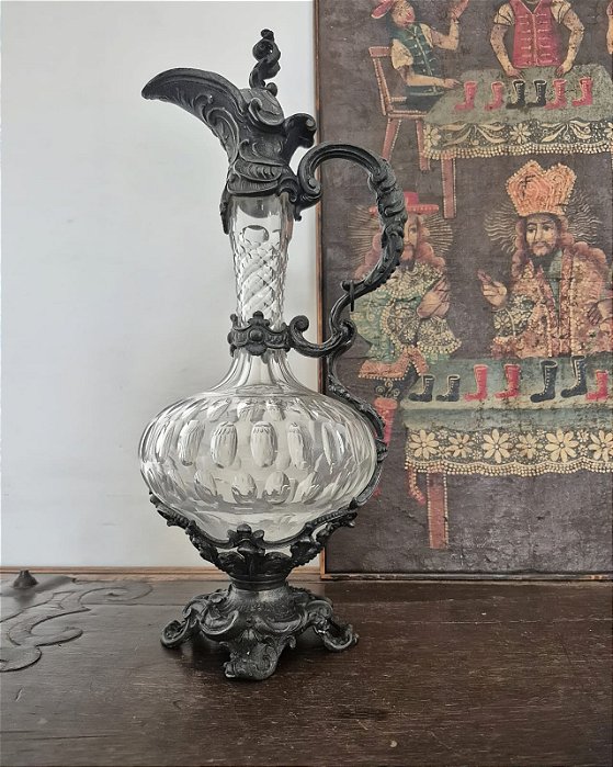 Antigo Claret Jug Cristal e Pewter Decorativo
