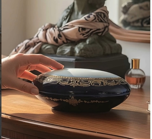 Antiga caixa oval em porcelana francesa azul.