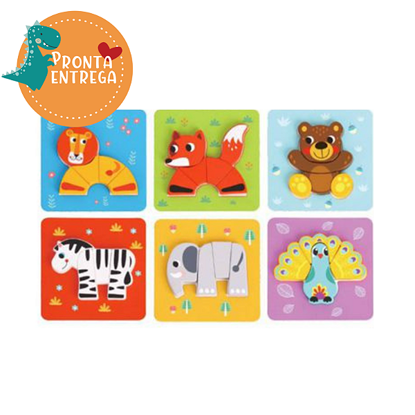 Brinquedo de Madeira - QUEBRA CABEÇA MINI AMINAIS 6 EM 1 - TOOKY TOY