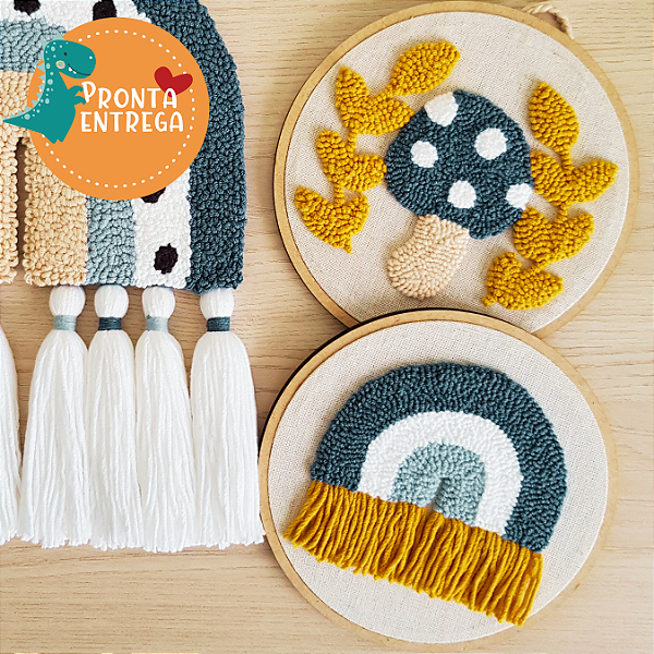 Kit 2 Quadrinhos Bastidores em PUNCH NEEDLE - ARCO ÍRIS e COGUMELO TONS AZUIS