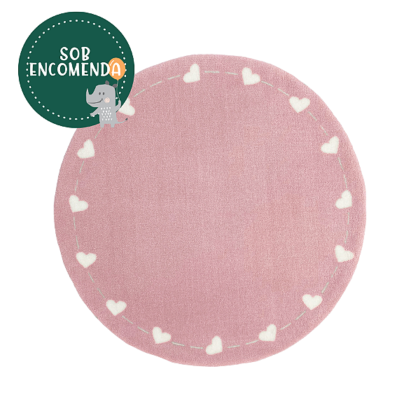 Tapete Infantil REDONDO em Nylon - ROSA COM CORAÇÕES BRANCOS NA BORDA
