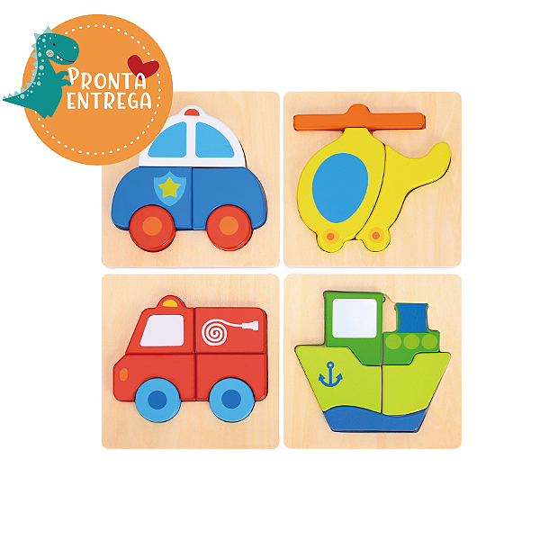 Brinquedo de Madeira - MINI QUEBRA-CABEÇA TRANSPORTES 4 EM 1
