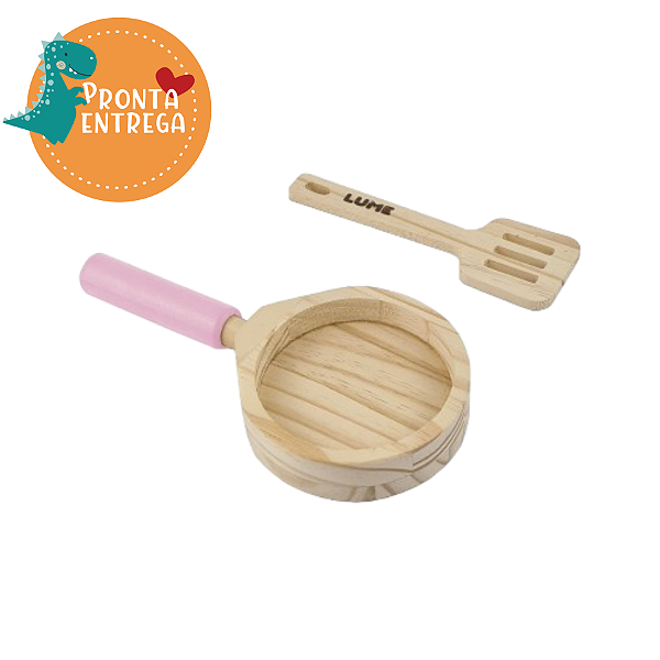 Brinquedo de Madeira - Brincar de Comidinha - KIT FRIGIDEIRA E ESPÁTULA ROSA