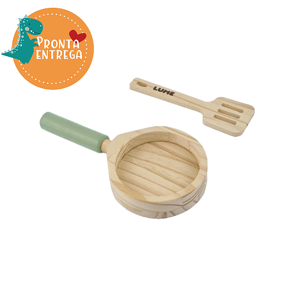 Brinquedo de Madeira - Brincar de Comidinha - KIT FRIGIDEIRA E ESPÁTULA VERDE-ÁGUA