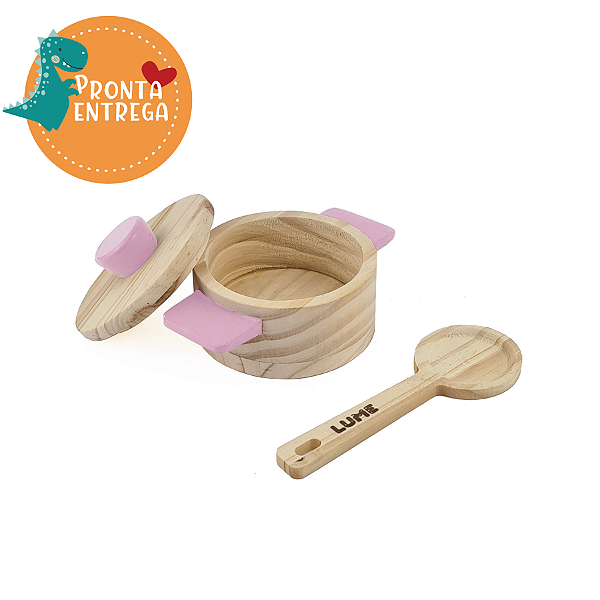 Brinquedo de Madeira - Brincar de Comidinha - KIT PANELINHA E COLHER DE PAU ROSA