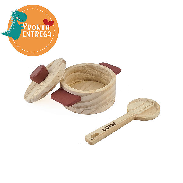 Brinquedo de Madeira - Brincar de Comidinha - KIT PANELINHA E COLHER DE PAU TERRACOTA