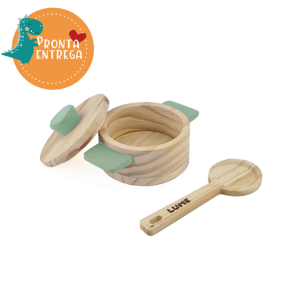 Brinquedo de Madeira - Brincar de Comidinha - KIT PANELINHA E COLHER DE PAU VERDE-ÁGUA