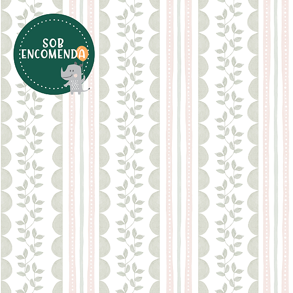 PAPEL de Parede Infantil - LISTRAS ONDINHAS COM FOLHINHAS VERDE E ROSA