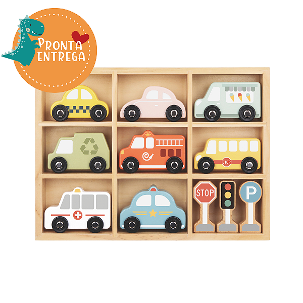 Brinquedo de Madeira - Conjunto Carrinhos e Placas de Trânsito (Novo) - TOOKY TOY