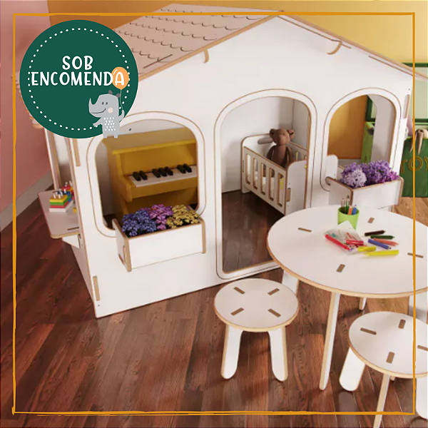 Kit Casinha Infantil em Madeira - MODELO DUAS ÁGUAS tam G com Móveis