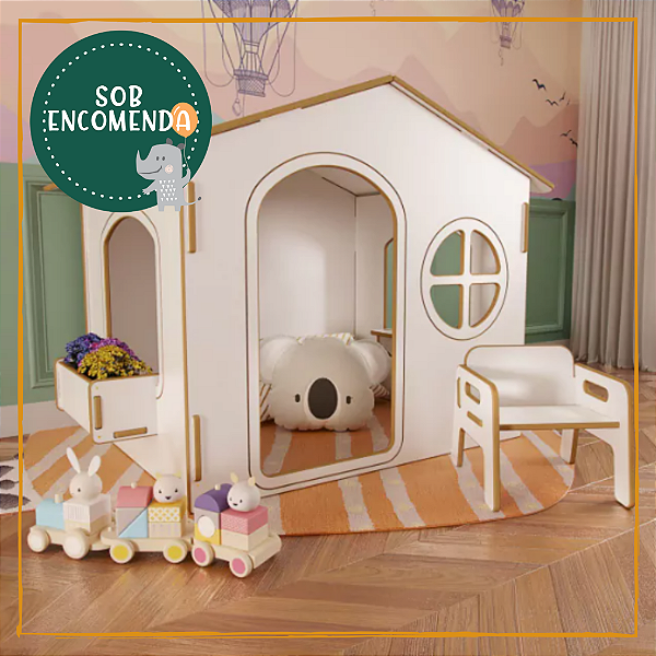 Kit Casinha Infantil em Madeira - MODELO DUAS ÁGUAS tam P com Móveis