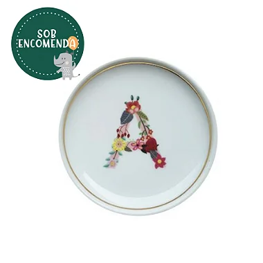 Pratinho em Porcelana Redondo (borda filete dourado) - COM INICIAIS FLORIDAS