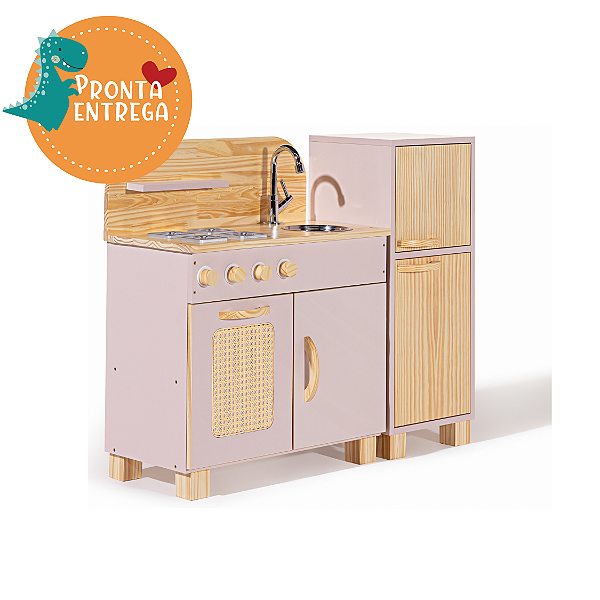 Kit Cozinha Infantil + Geladeira Brinquedo de Madeira  - ROSA MILKSHAKE COM PALHINHA INDIANA