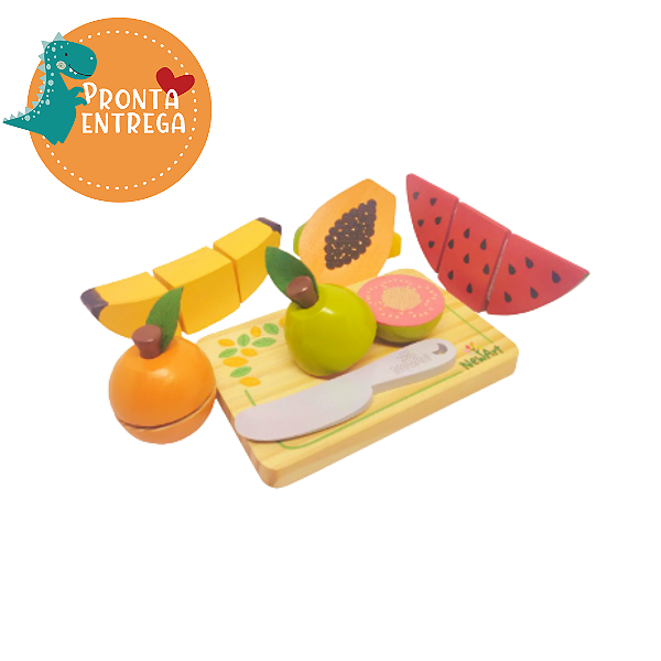 Brinquedo de Madeira Comidinha - Kit 5 FRUTAS COM CORTE + FACA + TÁBUA