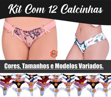 Kit Com 12 Calcinhas Cores, Tamanhos e Modelos Variados