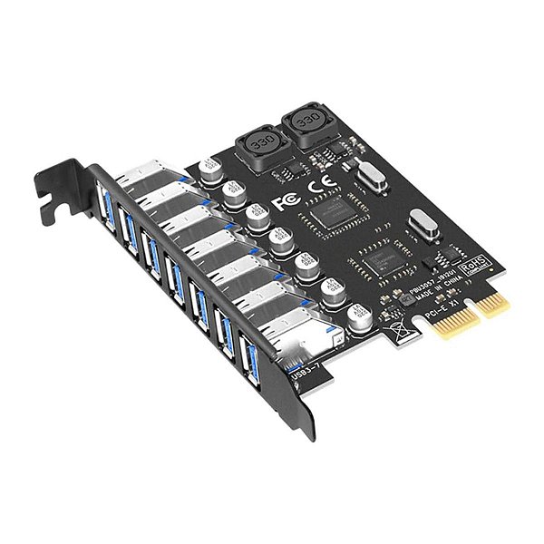 Placa Expansão PCI Express PCIe X1 X4 X8 X16 p/ USB 3.0 7 portas Adaptador Hub Controlador