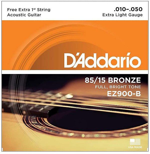 Encordoamento Para Violão Aço .010-.050 Com Corda Extra PL010 D'Addario Bronze 85/15 EZ900-B