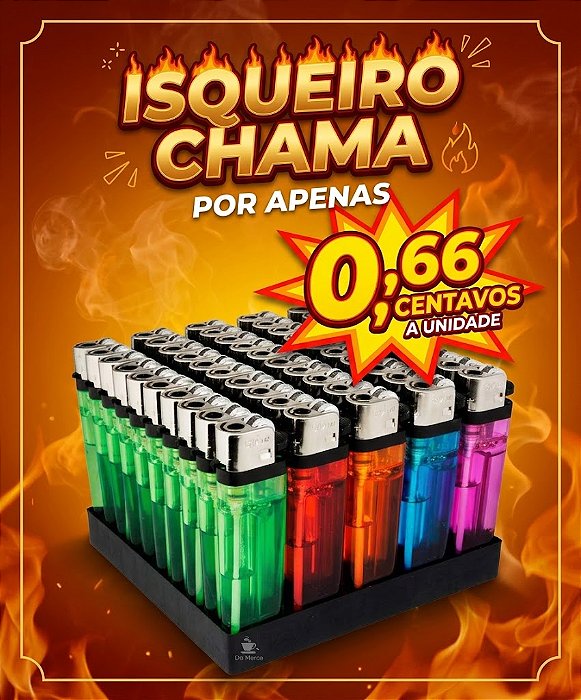 Caixa com 50 Isqueiros Chama Lighter Coloridos