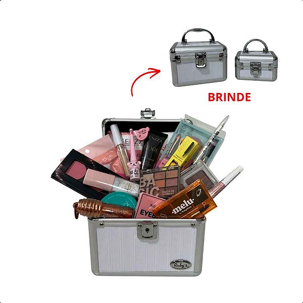 Kit Make Completa Beauty Case com 17 Itens + Mini Maletas de Brinde