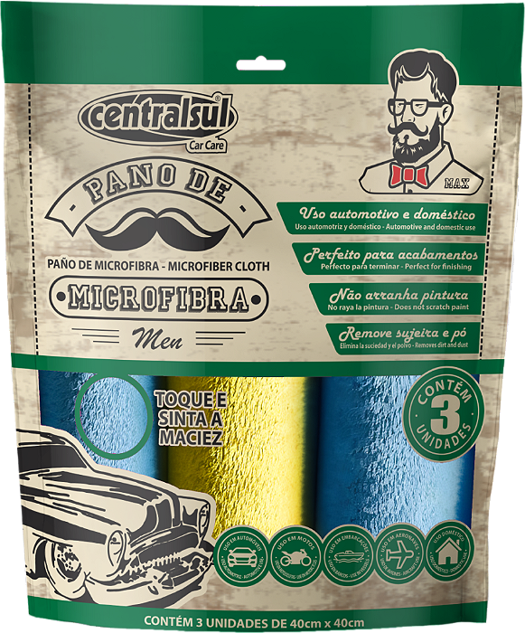 Kit com 3 Unidades Pano de Microfibra MEN 40x40 - Ponto M Pecas Automotivas - Centralsul