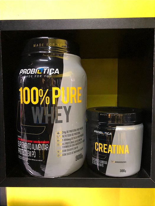 COMBO HIPERTROFIA PROBIÓTICA: 100% PURE WHEY 900G POTE + CREATINA 300G