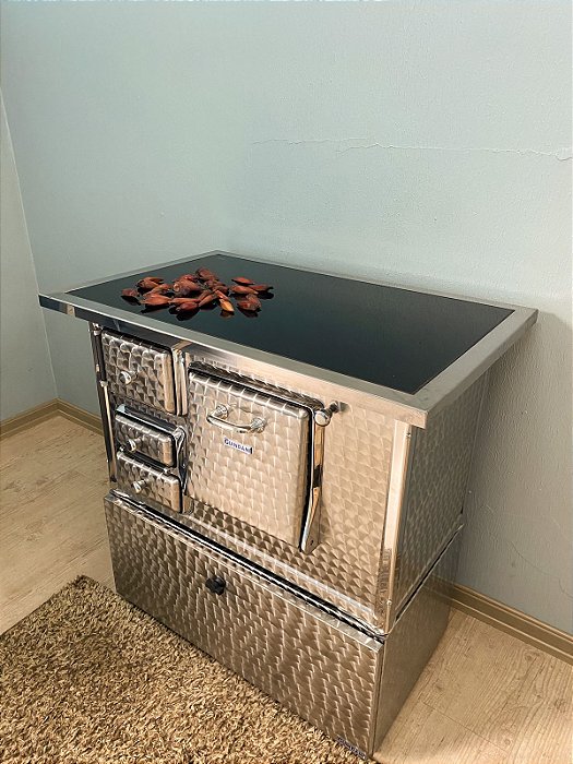 Fogão a Lenha N° 2 Inox Vitrocerâmico com Caixa para Lenha
