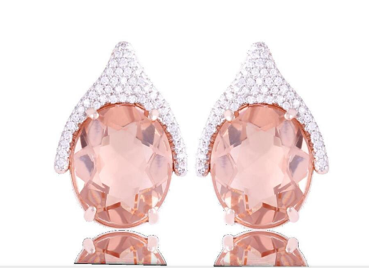 Brinco pedra natural cristal salmão, banho ouro 18k.