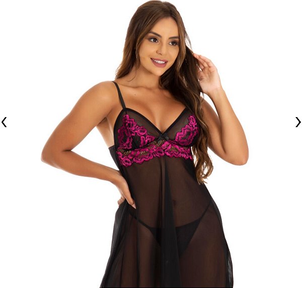 Camisola de Renda Bicolor com Calcinha Fio