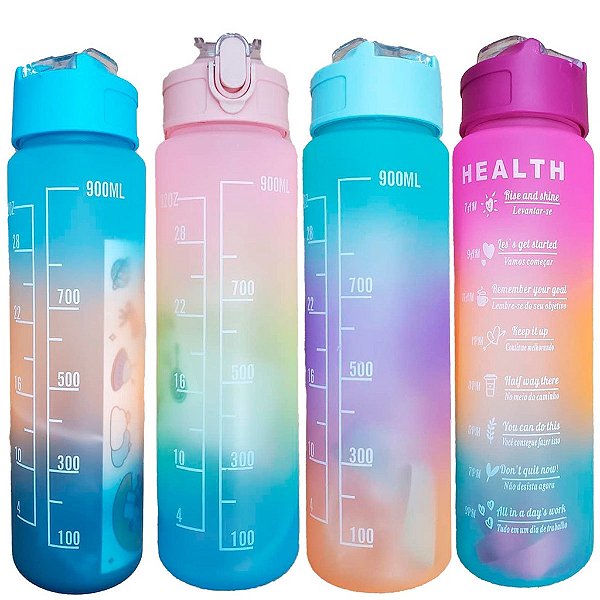 Garrafa Grande 900ML de água com Frases Motivacionais com marcador e canudo. Garrafa de água de média capacidade