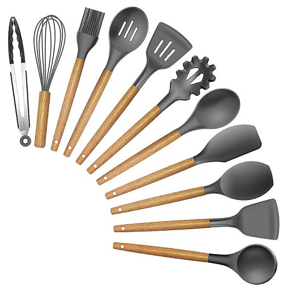 Kit 12 Peças Utensilios de Cozinha Colher Espatula Fue Pincel Cor:Vermelho