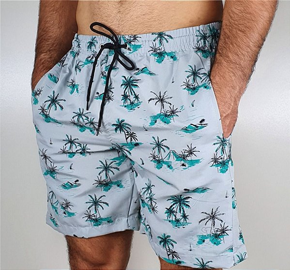 Shorts Tactel Estampado Masculino Adulto 2 Bolsos Cinza Coqueiros