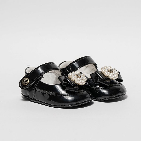 SAPATILHA FEMININA SOCIAL - PRETA - VERNIZ C/ PEROLAS E STRASS - LINHA BABY