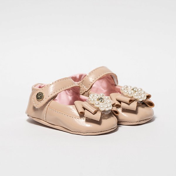 SAPATILHA FEMININA SOCIAL - NUDE - VERNIZ C/ PEROLAS E STRASS - LINHA BABY