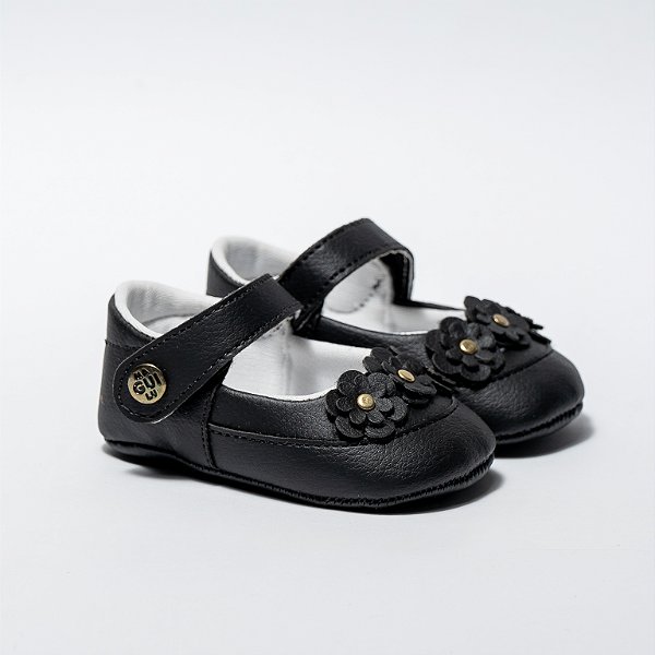 SAPATILHA SOFISTICADA - PRETO - 3 FLORES DUPLAS - MATERIAL SINTETICO - LINHA BABY
