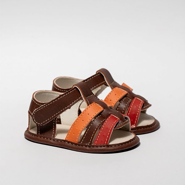 SANDÁLIA MASCULINA - MODELO FRANCISCANA - COR CAFÉ C/VERMELHO E LARANJA - LINHA BABY