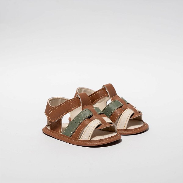 SANDÁLIA MASCULINA - MODELO FRANCISCANA - COR CARAMELO C/MARFIM E VERDE - LINHA BABY