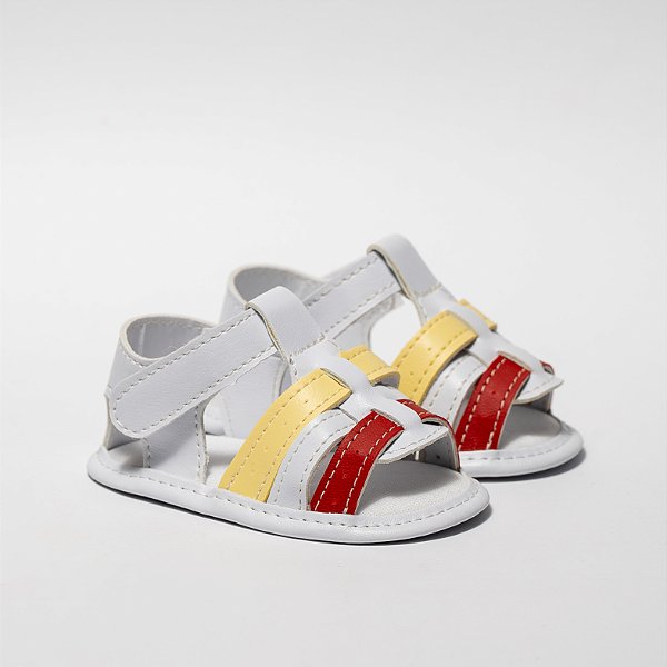 SANDÁLIA MASCULINA - MODELO FRANCISCANA - COR BRANCO C/VERMELHO E AMARELO - LINHA BABY