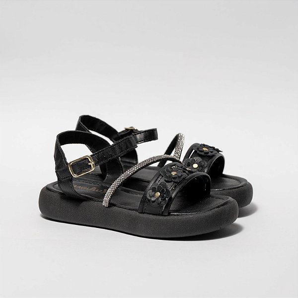 SANDÁLIA FEMININA INFANTIL 4 FLORES - COR PRETO - LINHA KIDS