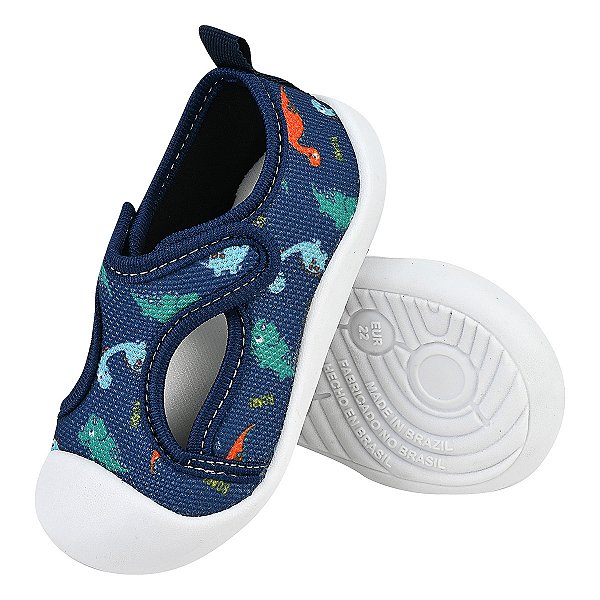 Tênis Masculino Infantil Conforto - Cor Azul Marinho Dino - Modelo Meia Aberto - Linha Kids