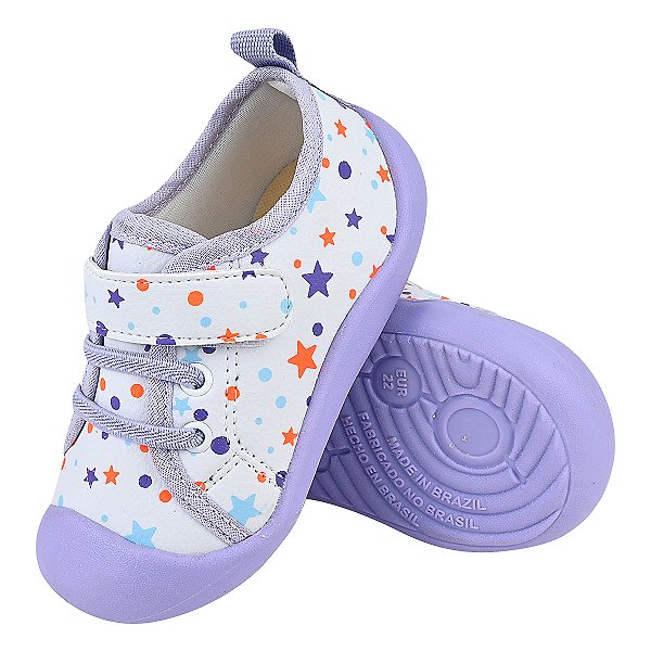 Tênis Feminino Infantil - Cor Lilás Estrela - Modelo Meia Fechado - Linha Kids