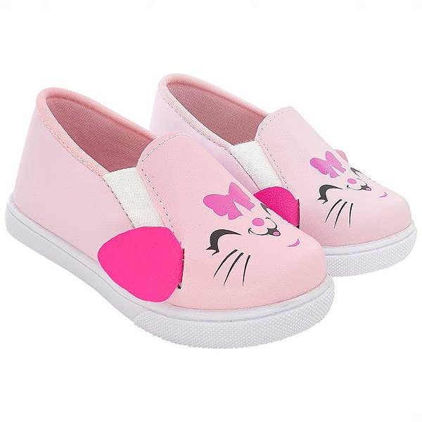 SLIP ON FEMININO - APLICAÇÃO GATINHA ROSA/PINK - LINHA ZOO KIDS