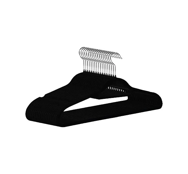 Kit com 50 Cabides de Veludo Adulto Cor Preto 44 cm