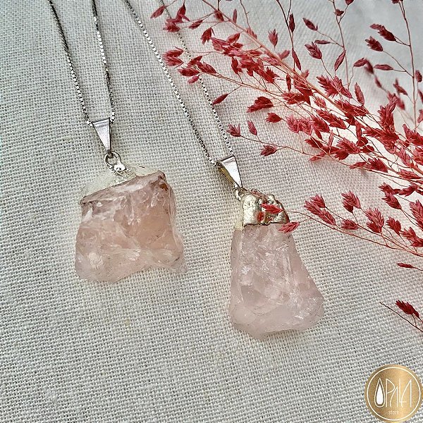Pingente Quartzo Rosa Bruto - Banhado em Prata
