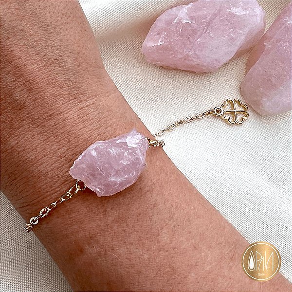 Pulseira Quartzo Rosa Solitário - Dourada